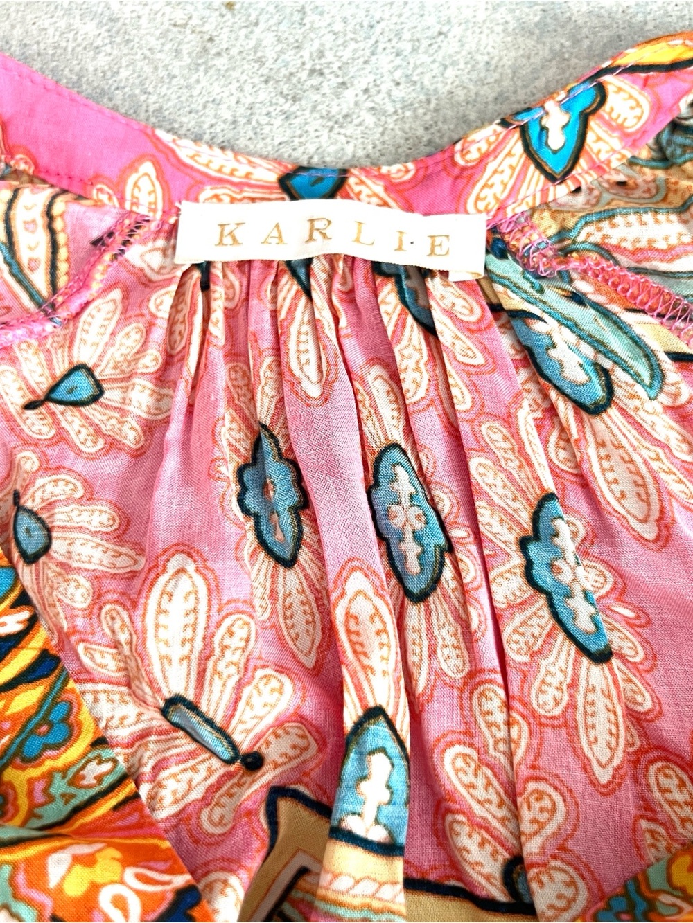 KARLIE Pink Orange Paisley Smocked Waist Ruffle Mini Dress Pockets Size Medium - Picture 4 of 12